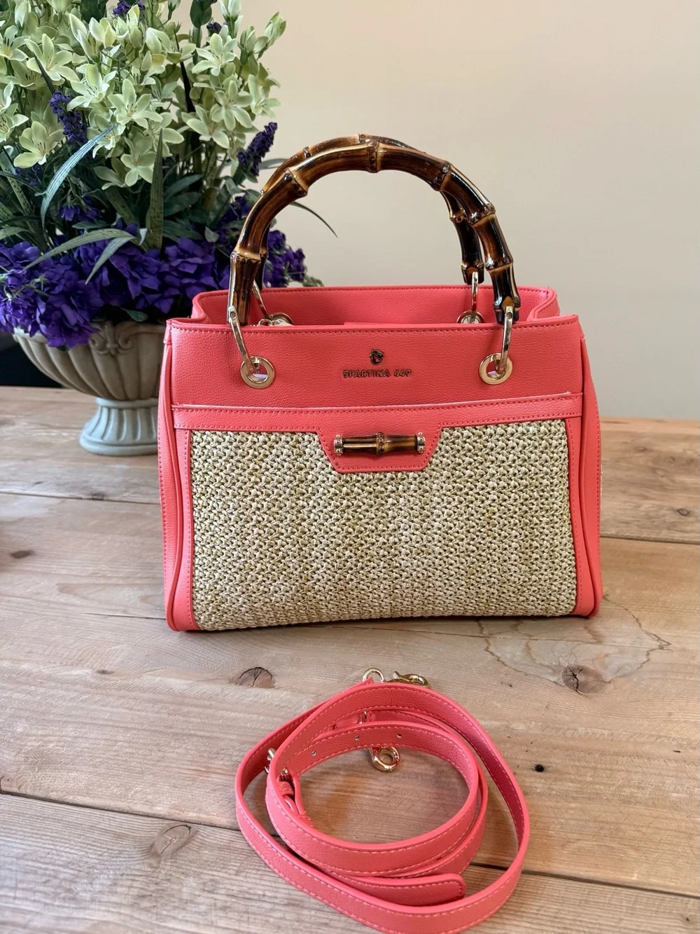 Spartina 449 Coral Woven Bamboo Handle Tote & Matching Wallet Set EUC